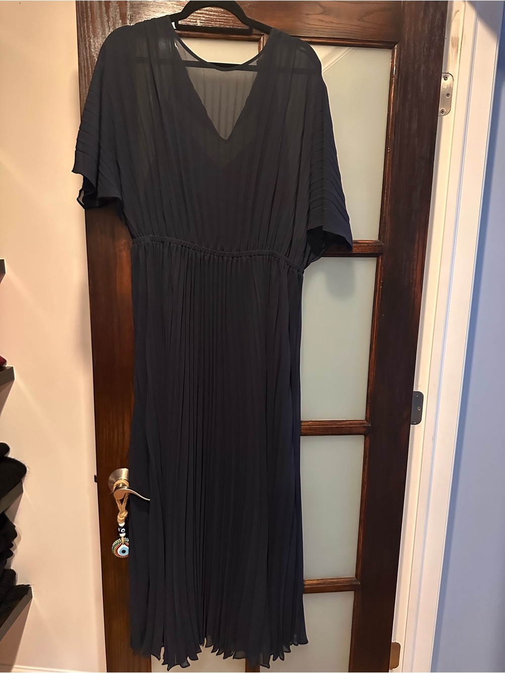 Classic Navy Pleated V-Neck midi Dress